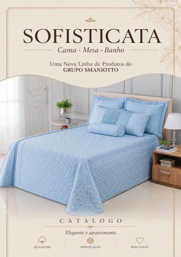Capa do catálogo Sofisticata, com cama vestida em azul claro.