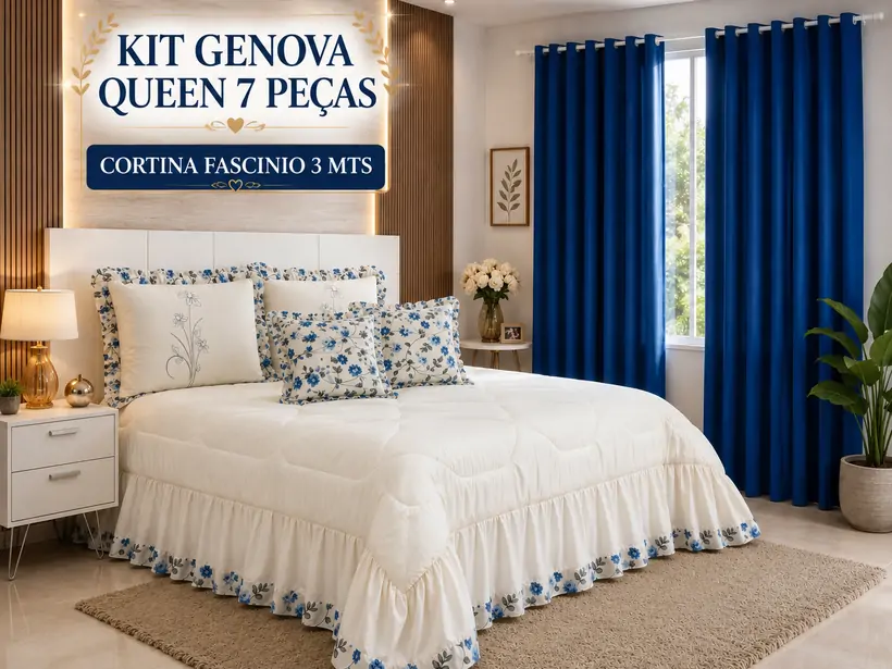 KIT GENOVA QUEEN 7 PEÇAS + CORTINA FASCINIO 3 MTS