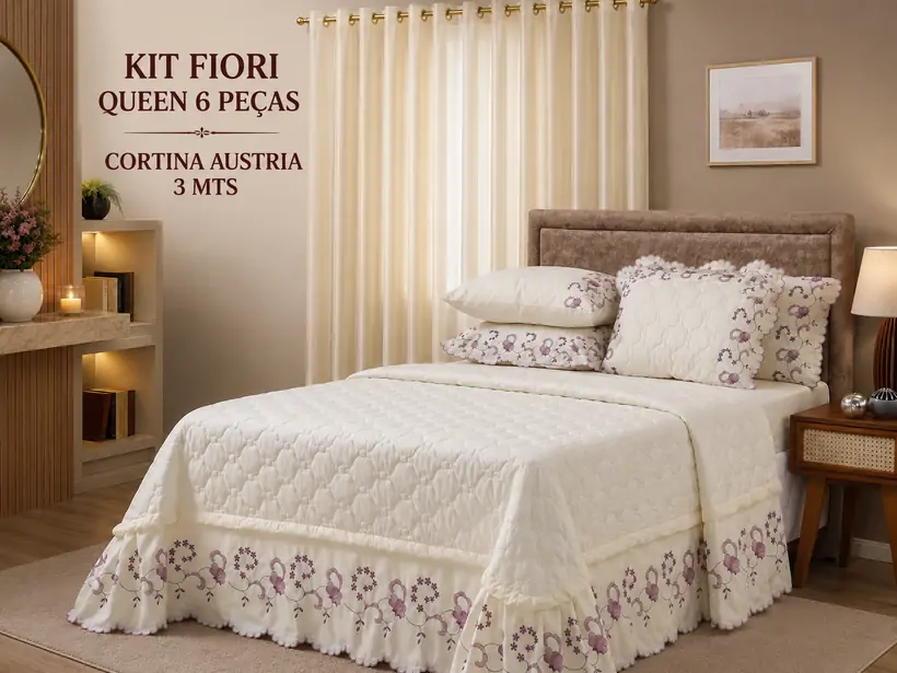 KIT FIORI QUEEN 6 PEÇAS + CORTINA AUSTRIA 3 MTS