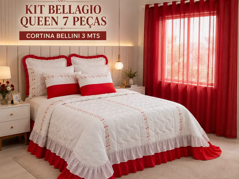 KIT BELLAGIO QUEEN 7 PEÇAS + CORTINA BELLINI 3 MTS