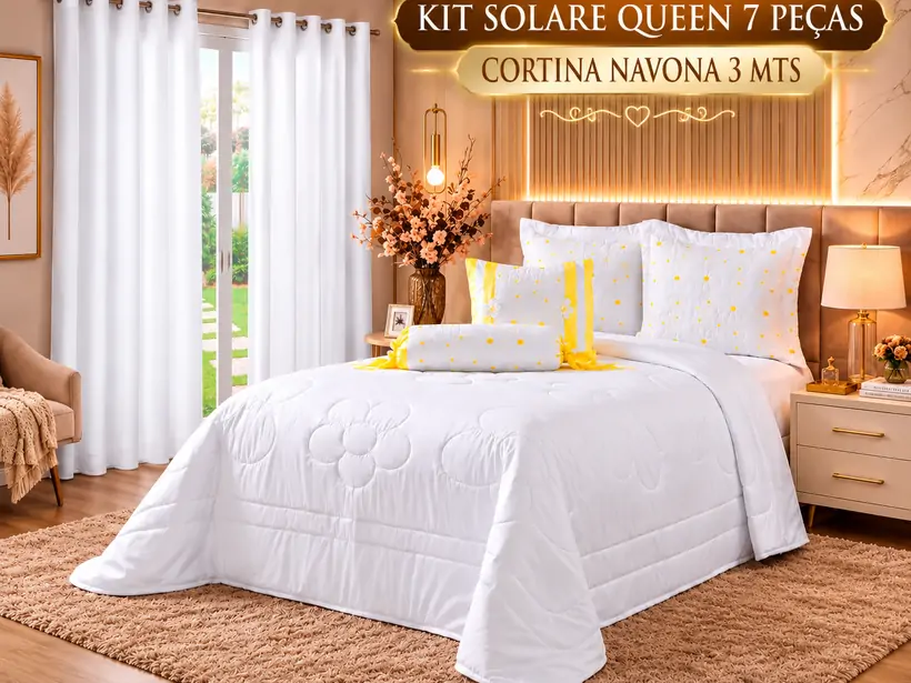 KIT SOLARE QUEEN 7 PEÇAS + CORTINA NAVONA 3 MTS